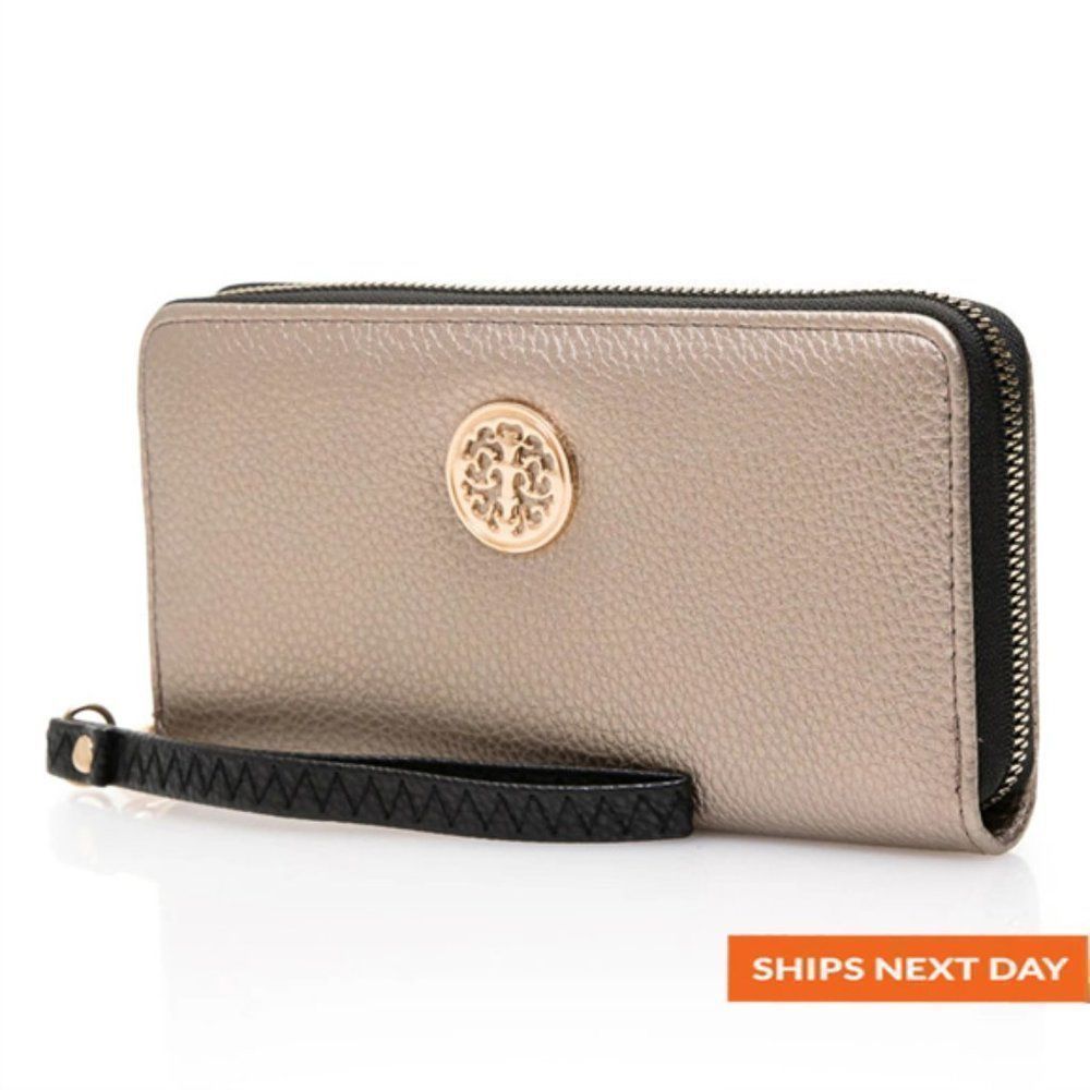 Metal Detail Metalic Leather Long Wallet